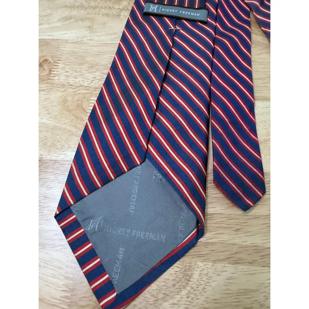 Hickey Freeman Men's Silk Neck Tie Navy Blue Red Silver Stripes